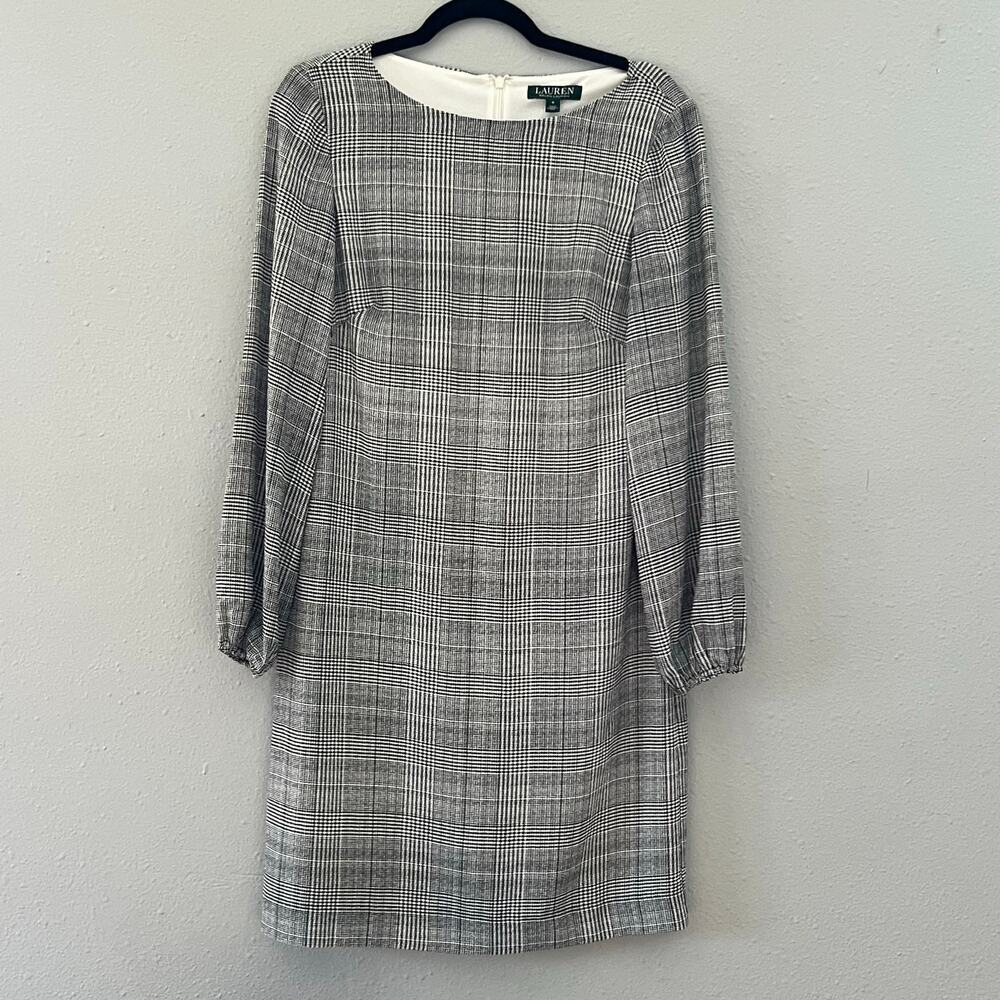 Lauren Ralph Lauren Women’s Sheath Dress Size 6 Black‎ White Plaid Long Sleeve
